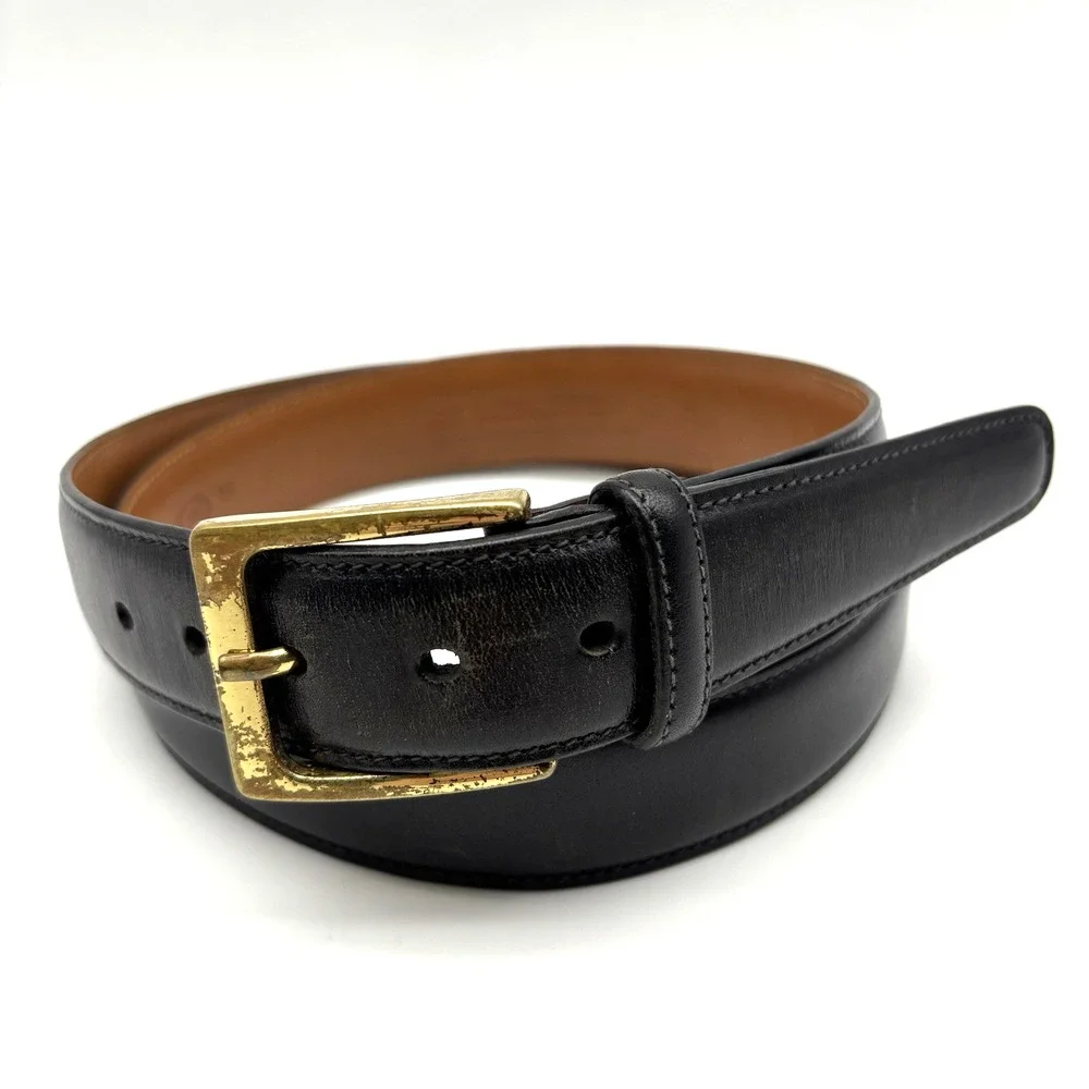 Vintage Trafalgar 1716 Cortina Black Leather Bass Buckle Belt 36 Handmade in USA
